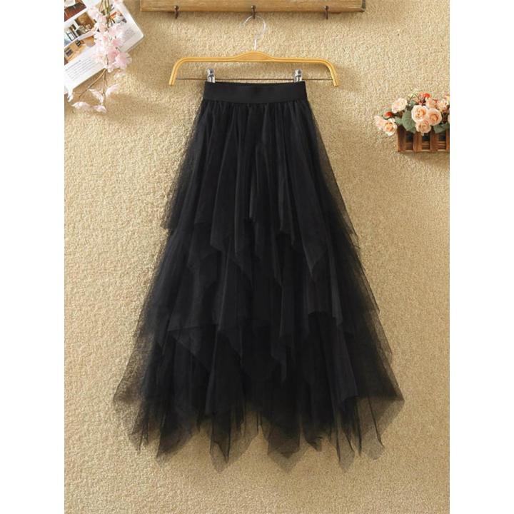 Women irregular Tulle Skirts Fashion Elastic High Waist Mesh Tutu Skirt Pleated Long Skirts Midi Skirt Saias Faldas Jupe Femmle