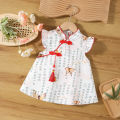 (0-3 Years Old Baby Girls) New Summer Baby Girls Dress Small Flying Sleeve Cheongsam Chinese Style Hand-Painted Wind Animal Sweet Princess Dress. 