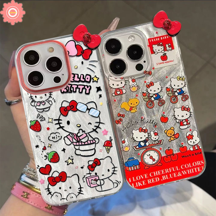 Trend Brand Cartoon Cute Hello Kitty Feather Yarn Case Compatible for IPhone 15 13 14 11 12 Pro Max 7Plus 15 14 7 8 Plus XR X XS Max SE 2020 Luxury 3D DIY Bow Knot Soft Case
