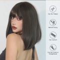 Straight Bob Synthetic Wigs Dark Brown Hair with Bangs for Women Shoulder Length Wig Daily Use Heat Resistant Korean Hairstyle. 