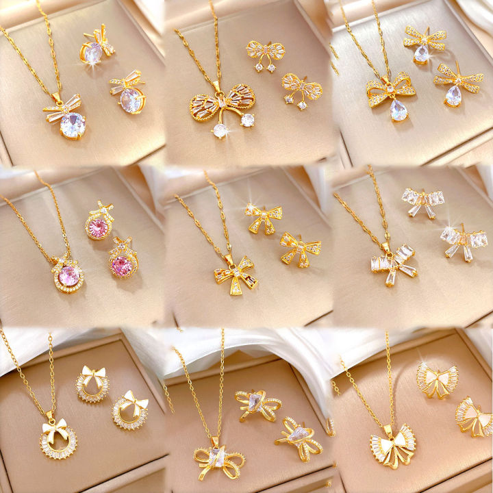 Hot Shiny Stainless Steel 18k Gold Zircon Bow Tear Drop Pendant - Main Image