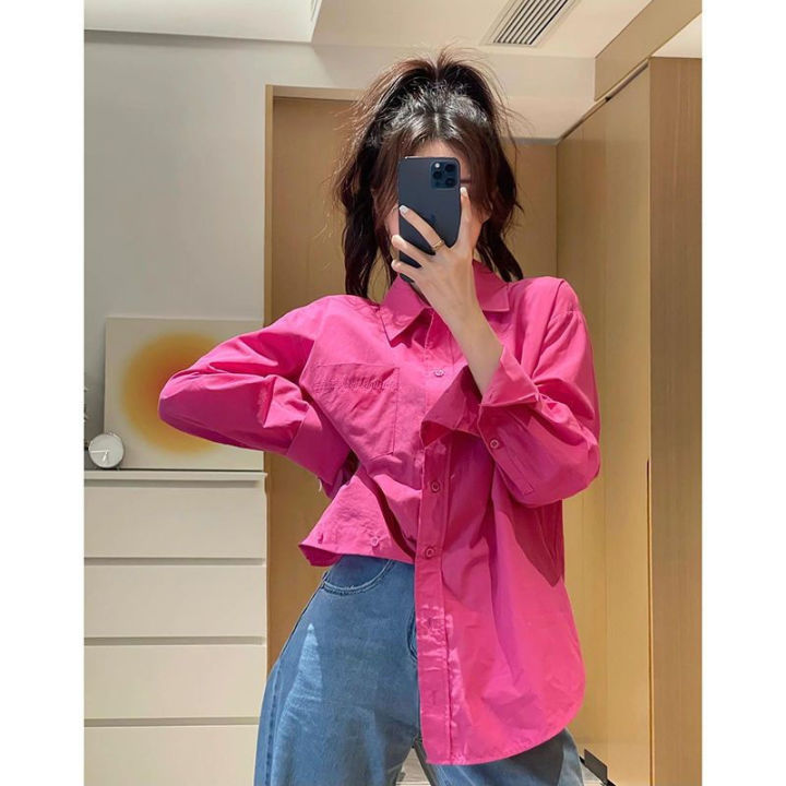 Pitaya%20Color%20Shirt%20Women's%20Spring%20and%20Autumn%20Design%20Sense%20Niche%20Casual%20Loose%20All-Match%20Rose%20Red%20Shirt%20-%20Image%207
