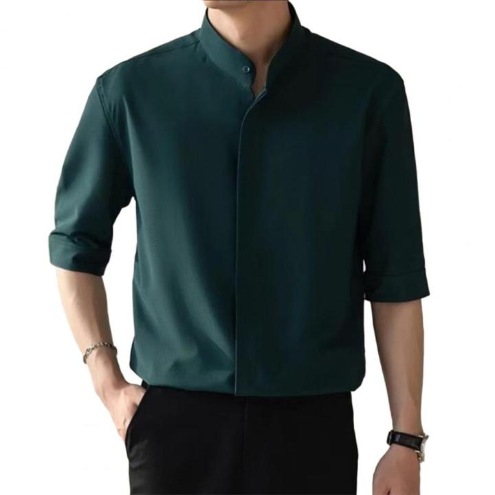 Slim%20Fit%20Stand%20Collar%20Shirt%20Men%20Solid%20Color%20Shirt%20Stylish%20Stand%20Collar%20Men's%20Shirt%20for%20Business%20Commute%20Office%20Slim%20Fit%20Half%20-%20Image%207