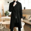 Trench Coat Men two Pieces Cardigan Kimono Embroidered Coat Male Long Chinese Style Black Loose Vintage Cotton Linen Jacket. 