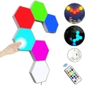 Hexagon Wall Light with Remote Control,Smart Modular Touch-Sensitive LED Light Wall Panels RGB Colorful Night Light DIY Geometry Splicing Hex Light for Bedroom Living Room Hallway Party Decor,6 Pack. 