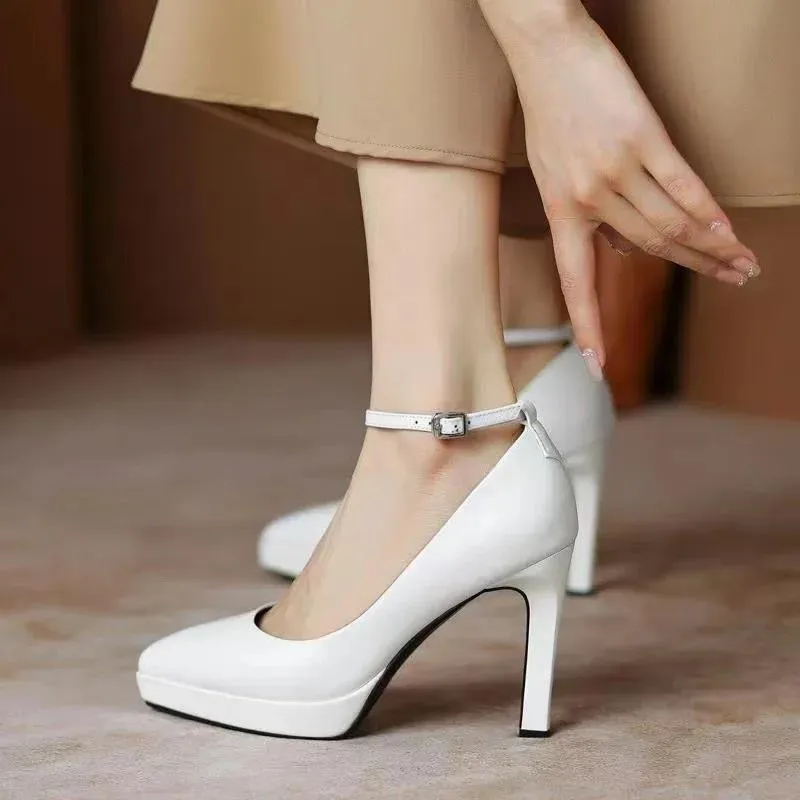 New White High Heels Women Spring Ankle Straps Pointed Toe