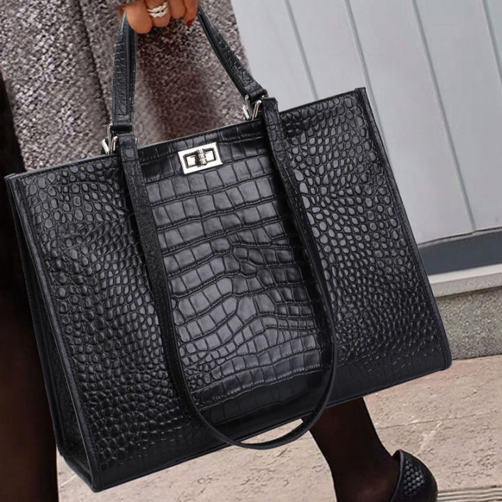 Genuine leather crocodile print handbag bag women's 2024 new fashion and versatile temperament retro classic large capacity tote bag