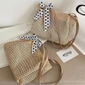 Large Summer Beach Shoulder Bag Straw Woven Square with Silk Ribbon Handle Purse. 