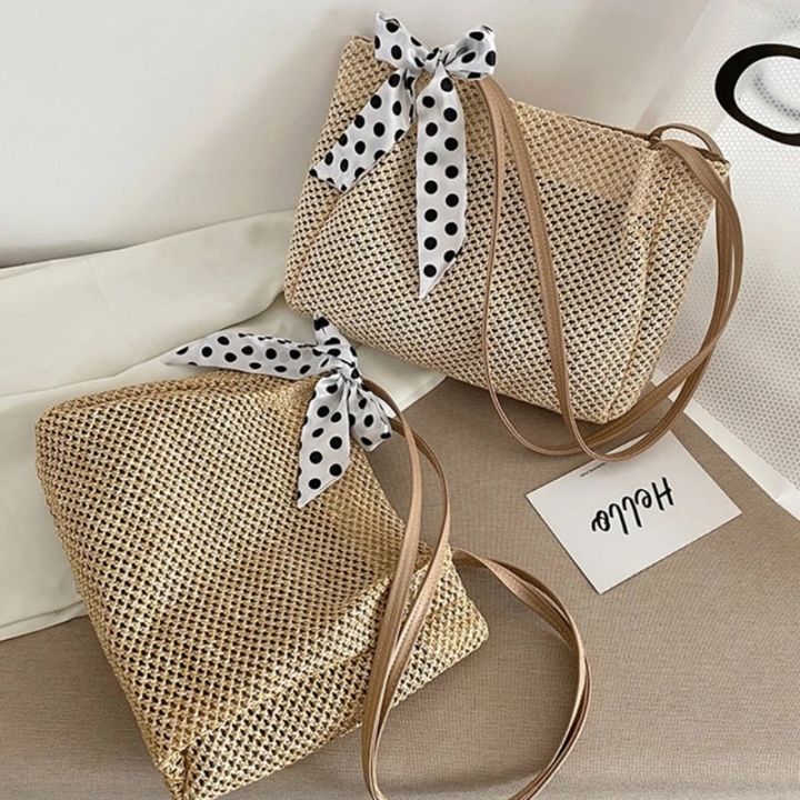 Large Summer Beach Shoulder Bag Straw Woven Square with Silk