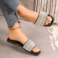 European and American foreign trade flat size beaded slippers women's square toe rhinestone light beach slippers Slipper. 