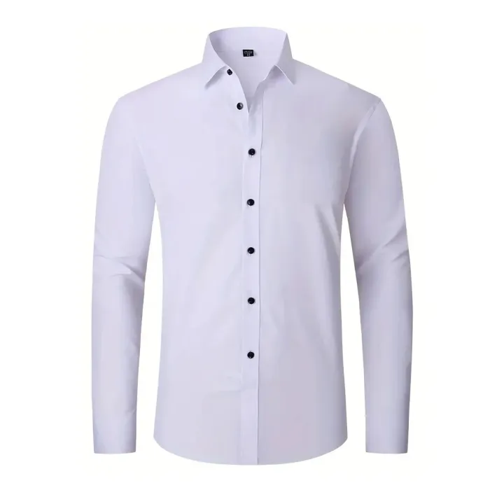 Men's%20Easy%20Care%20Non-iron%20Solid%20Dress%20Shirt%20Slim%20Fit%20Long%20Sleeve%20Male%20Business%20Formal%20Shirt%20Pocketless%20Design%20Stretch%20Shirts%20-%20Image%205