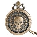 Retro Bronze Steampunk Hollow Caribbean Pirate Skull Head Horror Quartz Pocket Watch With One Piece Necklace Chain For Men Women. 