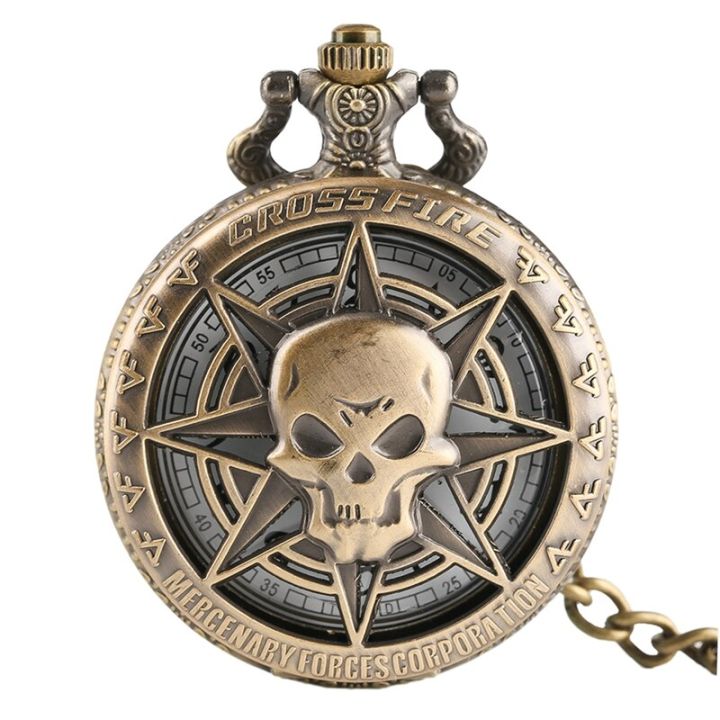 Retro Bronze Steampunk Hollow Caribbean Pirate Skull Head Horror Quartz Pocket Watch With One Piece Necklace Chain For Men Women