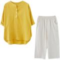 Women's Cotton and Linen Short-Sleeved Shirt2023New Mom Summer Clothes Linen Top Loose Belly-Covering Western Style Slimming Suit.