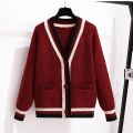 Female Sweater Coat Loose Western Style Button Stitching Striped Outer Wear Sweater Thick Cardigan Knitted Sweater For Women.