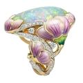 Elegant Women Rhinestone Faux Opal Inlaid Lotus Floral Ring Party Jewelry Gift.