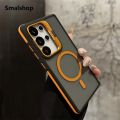 Smalshop For Magsafe Anti-slip Armor Lens Stand Phone Case For Samsung S25 S24 FE S23 Plus S22 Ultra Wireless Charging Black Clear Cover.