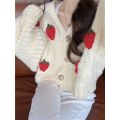 Korean gentle pink sweater cardigan women's spring and autumn sweet strawberry knitted thick jacket V-neck cropped top. 