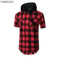 Black Red Plaid Hoodie Shirt Men Double Pocket Western Snap Casual Shirts Mens Short Sleeve Patchwork Streetwear Hoodies Shirts.