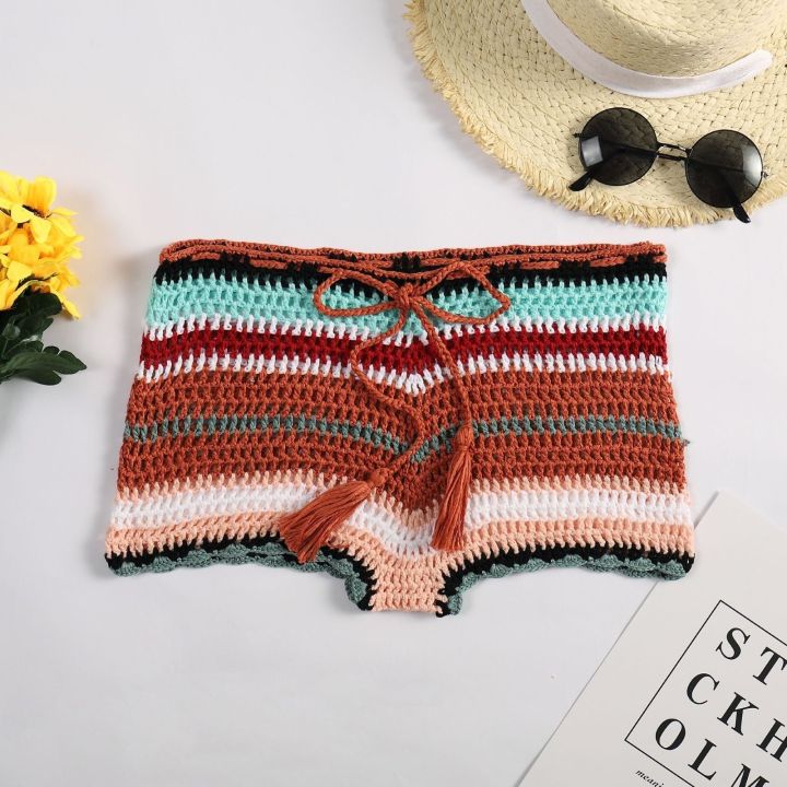 Summer%20Shorts%20Crochet%20Bikini%20Shorts%20Bottom%20Boho%20Women%20Pants%20Beach%20Wear%20Bikni%20Cover%20Up%20Drawstring%20High%20Waist%20Shorts%20Swimwear%20-%20Image%205