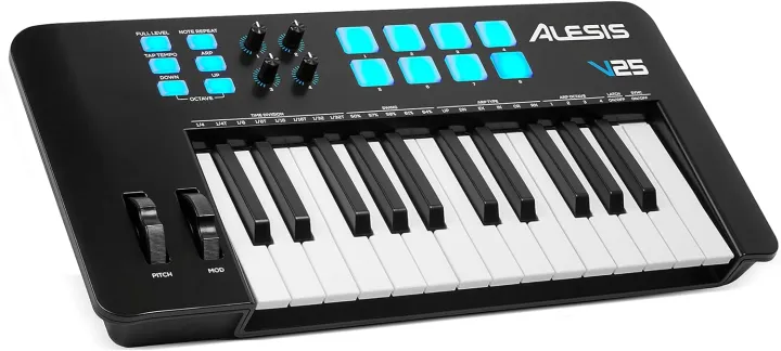 Alesis V25 - 25-Key Mk2 USB MIDI Keyboard Controller with Backlit Pads, 4 Assignable Knobs and Buttons, Professional Software Suite Included