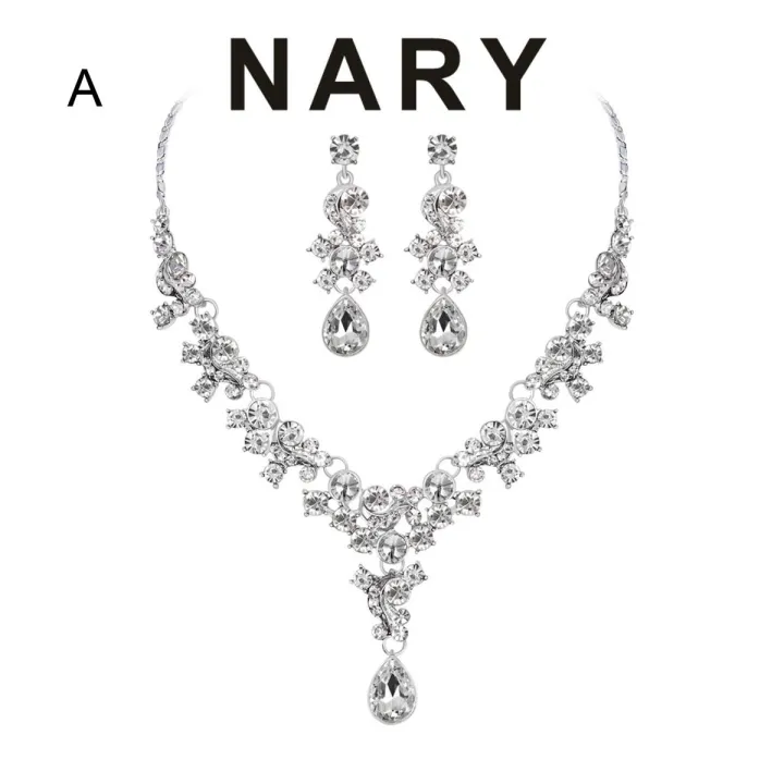 Women Prom Wedding Bridal Faux Crystal Rhinestone Necklace Earrings Jewelry Set