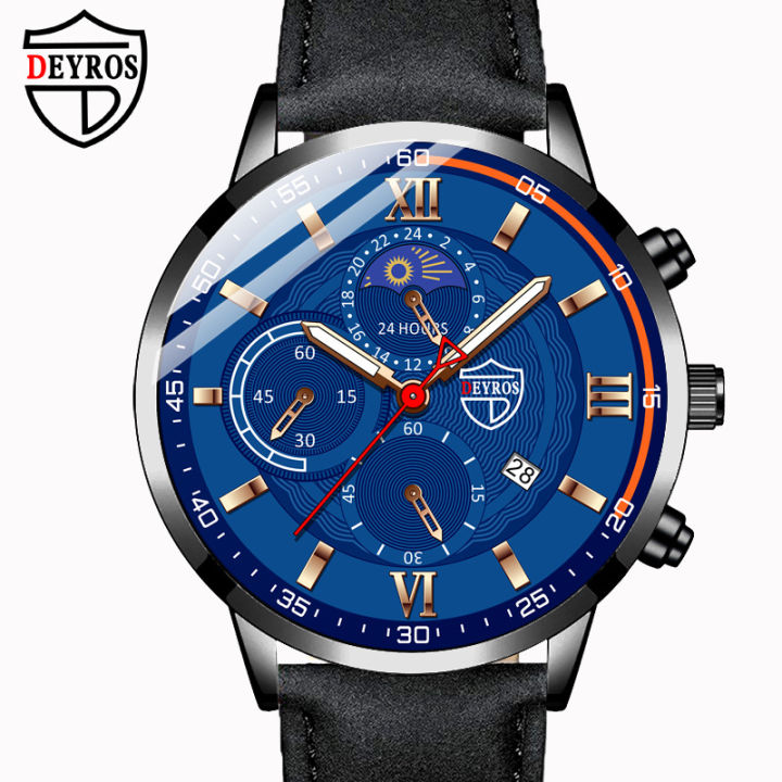 DEYROS Men's Watch Fashion Men's Business Leather Calendar Watch Men's Student Luminous Quartz Watch Cross-Border Hot
