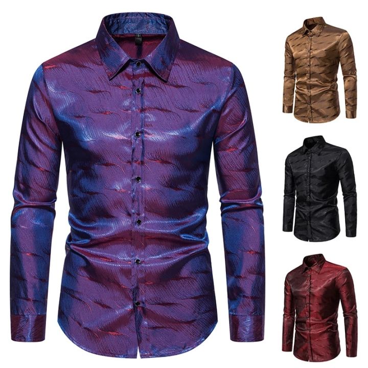 【original】 Autumn Men's Fashion Glossy Shirt Retro Casual Long Sleeve Disco Party Shirt Fashion Men's Business Button Down Shirts