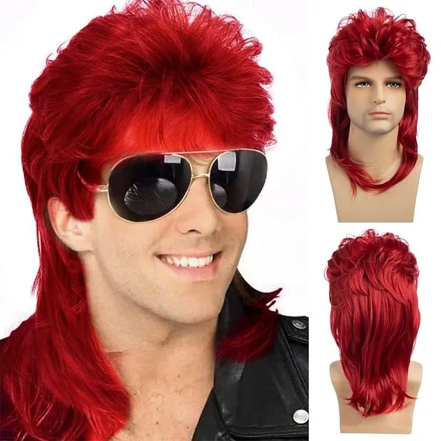 OUCEY Short Synthetic Hair Wigs For Men Natural Wavy Red Wig With Bangs Cosplay Wigs Male Curly Hair Fluffy Nightclub Bar Wig