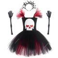 Scary Skull Ghost Costume for Girls Halloween Day of The Dead Horror Clothes Black Red Kids Carnival Party Fancy Tutu Dress Up.