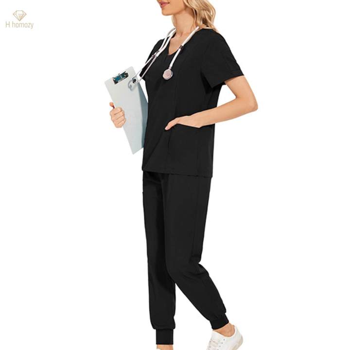 Women%20Scrubs%20Set%20Quick%20Drying%20Neck%20Beauty%20Salons%20Esthetician%20Workwear%20XXL%20Black%20-%20Image%202