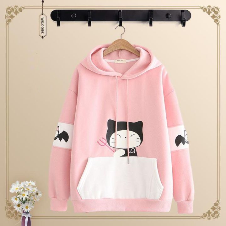 Good Quality Women Cute Bat Cat Printed Cotton Hoodie For Winter