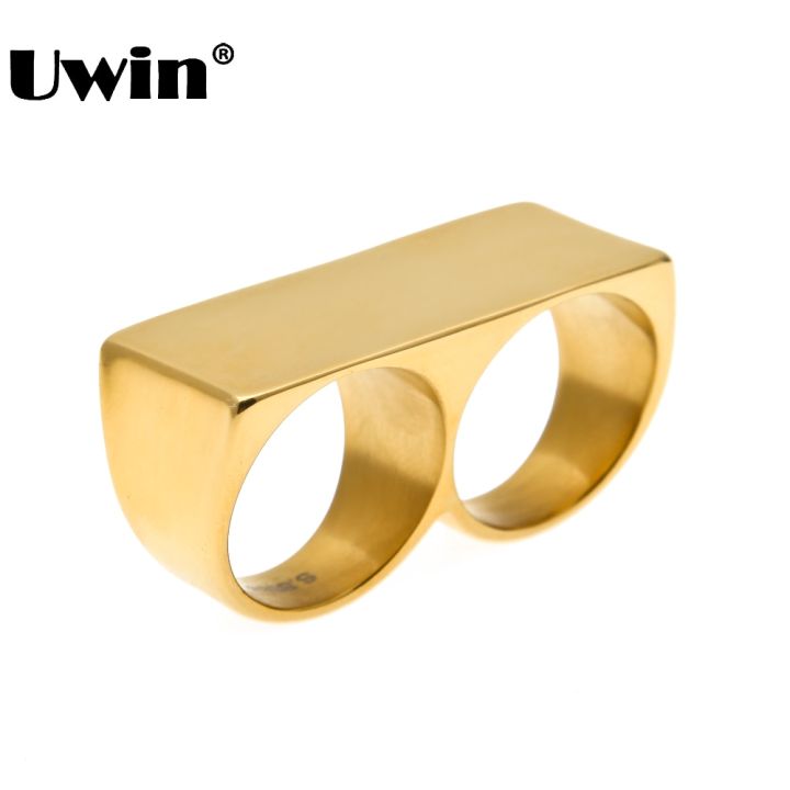 Personality Hip Hop Two Finger Rings Stainless Steel Gold Color Men Punk Biker Rings Women Party Cool Ring Size 10 11 Available