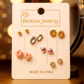 Trendy 6 Pair Stud Earring Set for Women & Girls – Blue Floral, Pearl, and Gold Design, Fashion Jewelry Gift Set.