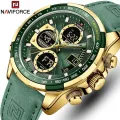NAVIFORCE 9197 Green PU Leather Dual Time Watch For Men - Golden & Green.