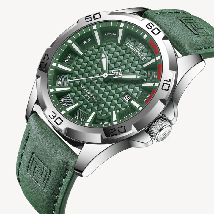NAVIFORCE NF8023 Green PU Leather Analog Watch For Men - Silver & Green