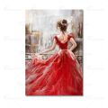 Original Hand-painted The Girl In A Red Dress Abstract Figure Art Oil Painting Wall Painting with Cotton Fabric for Living Room. 