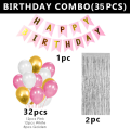 Happy Birthday Decorations Pink Combo Set- Pink, White And Golden Metallic Balloons, Birthday Pink Paper Banner, Silver Foil Curtain for Party Decoration Full Package- (Pack of 35 Pcs).
