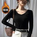 Autumn and Winter 2020 New Solid Color Long Sleeve T Women's Black round Neck Slim Bottoming Shirt Fleece-lined Thickened Inner Wear Top.