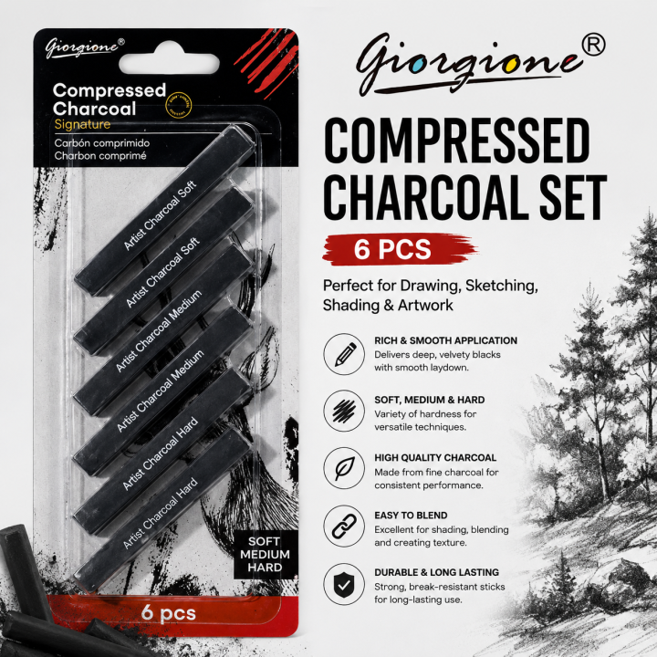 Compressed Charcoal Sticks 6 Pcs Set for Drawing Sketching Shading & Artwork