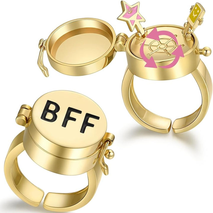 YILUOCD 2 Pcs Gold Color Spinner BFF Matching Rings Best Friend Open Rotate Ring Forever Friendship Cute Cartoon Anime Jewelry