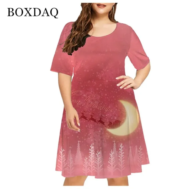 6XL%20Plus%20Size%20Women%20Clothing%20Red%20Christmas%20Elk%20Fashion%20Funny%20Cute%20Short%20Sleeve%20Print%20Dress%20X-Mas%20Snowman%20Snowflake%20Loose%20Dresses%20-%20Image%203