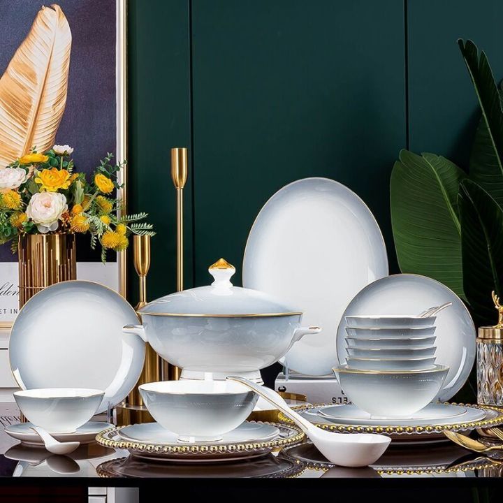 Jingdezhen Bone Dishes, Cutlery Gold Border Porcelain Bowls, Nordic Household Dining Plate Bowl Set, Underglaze Color Gift Ceramics
