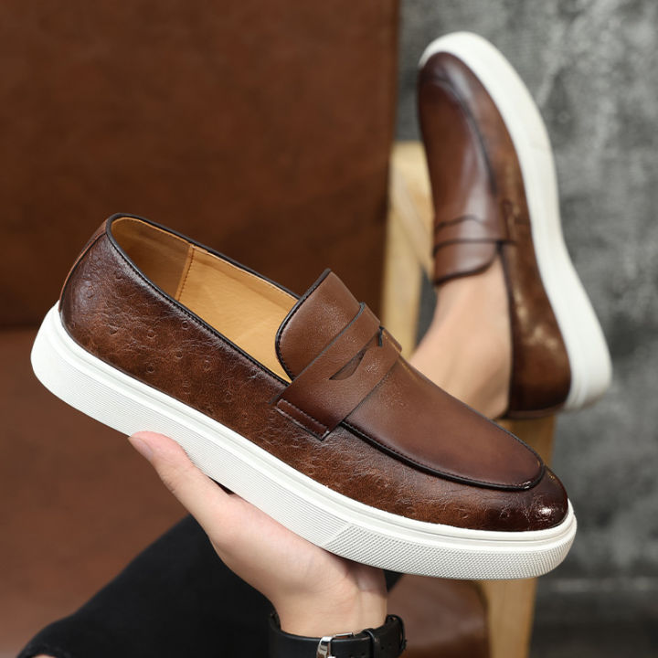Men's Casual Shoes Embossed Leather Men Fashion British Style Penny Loafers Mens Slip-on Thick Sole Outdoor Flats BunnyGarden