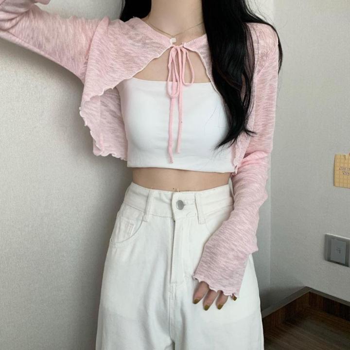 Thin%20Sunscreen%20Cardigan%20Lace-up%20Knitwear%20Tops%20Summer%20Women%20Korean%20Style%20Lantern%20Sleeve%20Short%20Coat%20Casual%20Sun%20Protected%20-%20Image%204