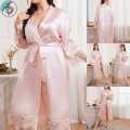 Ladies Relax Wear Plus Size Nightgown Simple Casual Cardigan Nightgown Long-Sleeved Home Service Long Bathrobe Ice Silk Pajamas.