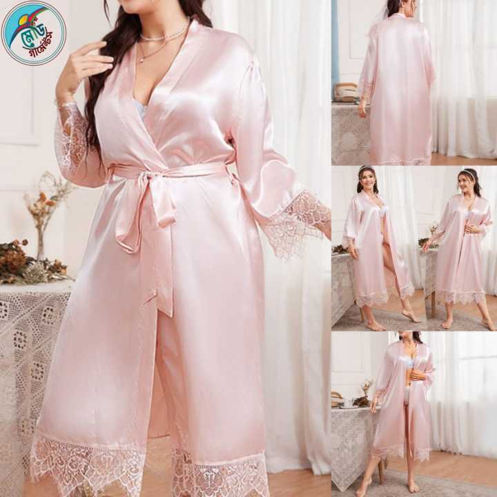 Ladies Relax Wear Plus Size Nightgown Simple Casual Cardigan Nightgown Long-Sleeved Home Service Long Bathrobe Ice Silk Pajamas