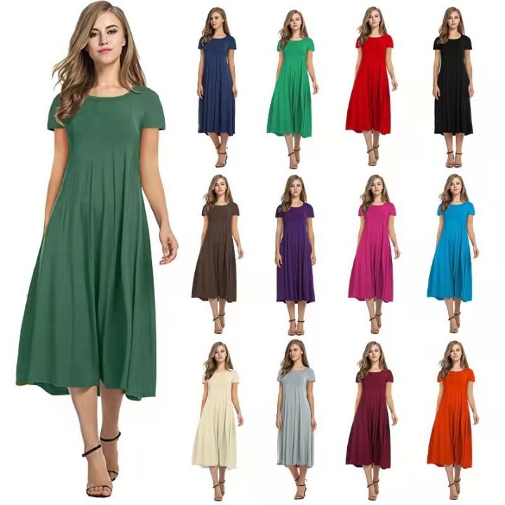 2022 Four Seasons Women's New Round Neck Short Sleeve Solid Color Swing Dress Fashion Solid Color Dress
