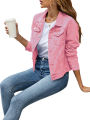 Jumperjuser-Women's Solid Color Denim Jacket, Casual Long Sleeve Button Down Chest Pocket Jean Jacket. 