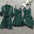 Women Pajamas Sets Satin Sleepwear Silk 4 Pieces Nightwear Pyjama Spaghetti Strap Lace Sleep Lounge Pijama With ChPads.
